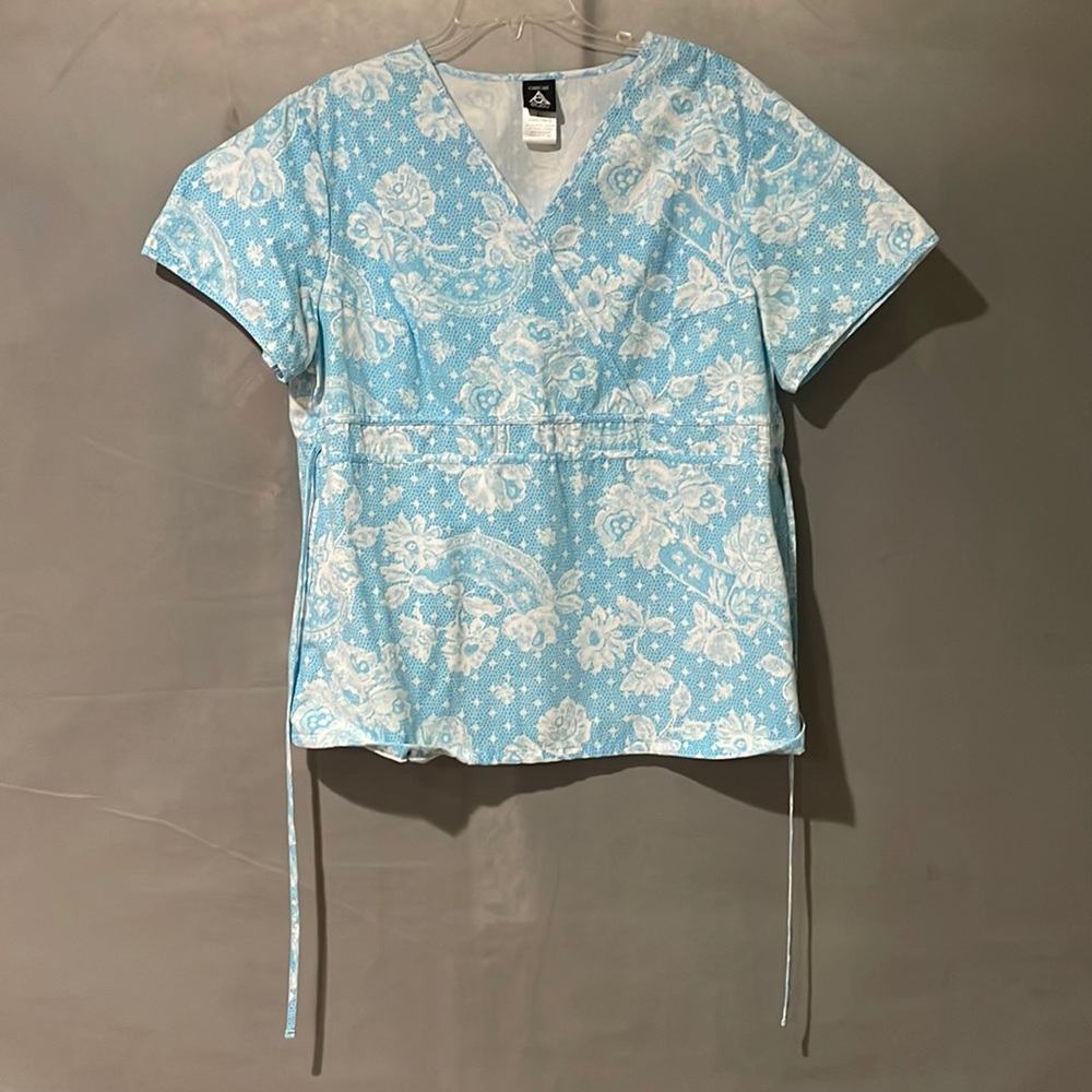 Scrub Top with Blue and White Pattern